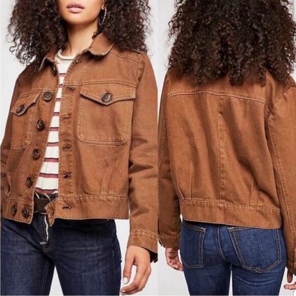 Free People Denim Jean Jacket Button Front Terracotta Orange Women’s Size Medium - Picture 13 of 13
